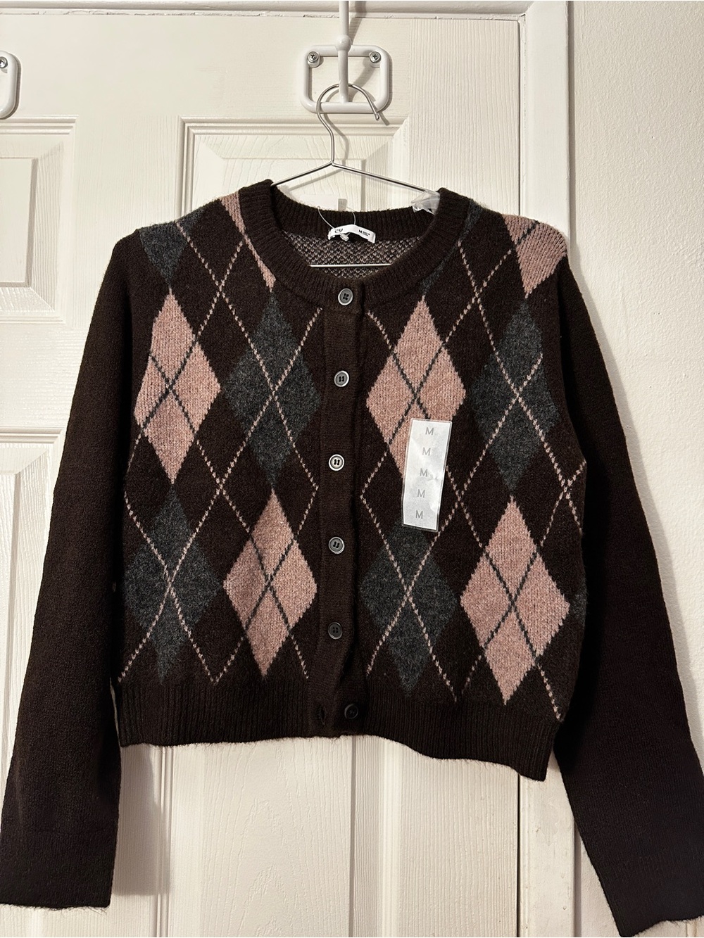 Classic Argyle Button-Up Sweater Cardigan - Brown & Pink
